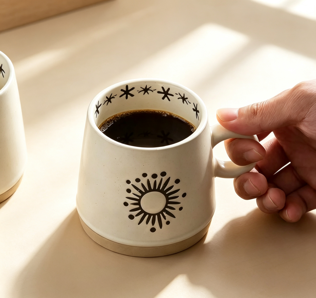 Vintage Hand-Drawn Sun Moon Raw Clay Cup