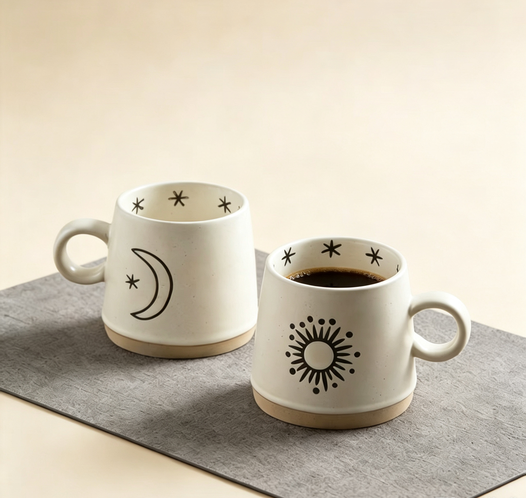 Vintage Hand-Drawn Sun Moon Raw Clay Cup