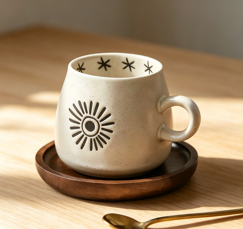 Vintage Hand-Drawn Sun Moon Raw Clay Cup