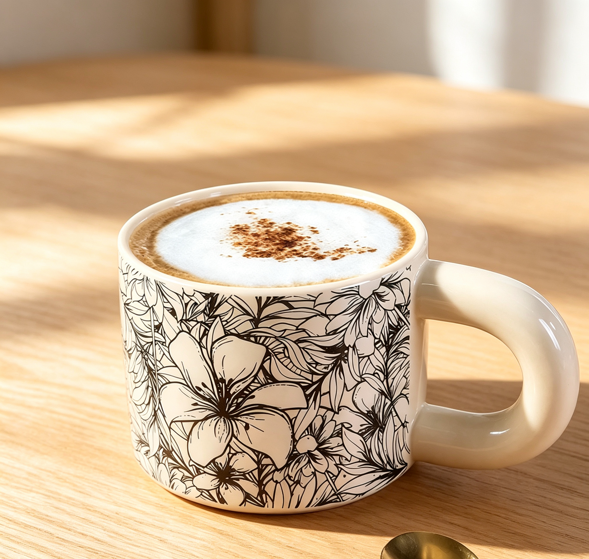 Cream White Chunky Round Handle Floral Water Mug