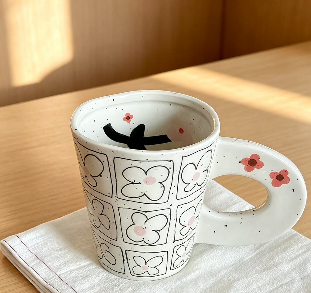 Cream Speckled Irregular Rim Floral Tumbler