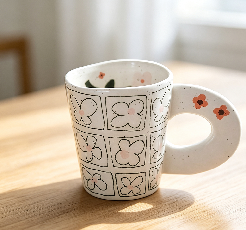 Cream Speckled Irregular Rim Floral Tumbler