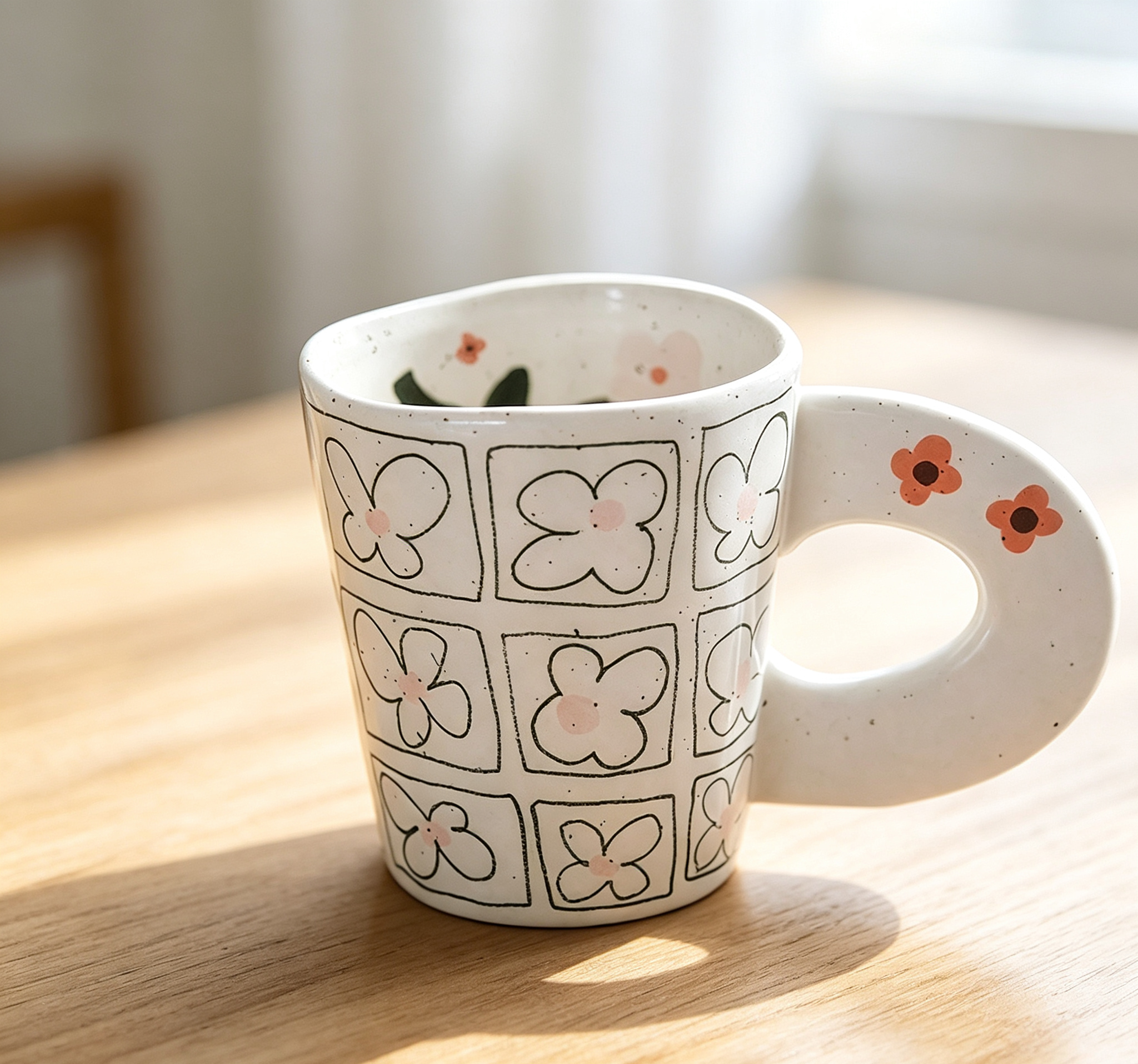 Cream Speckled Irregular Rim Floral Tumbler