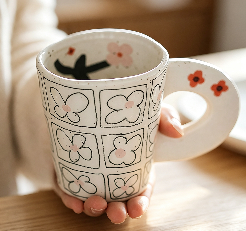 Cream Speckled Irregular Rim Floral Tumbler