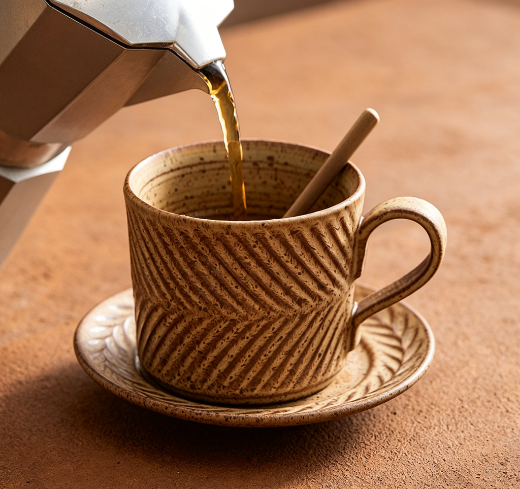 Retro Yellow Clay Speckled Embossed Tea Cup Set