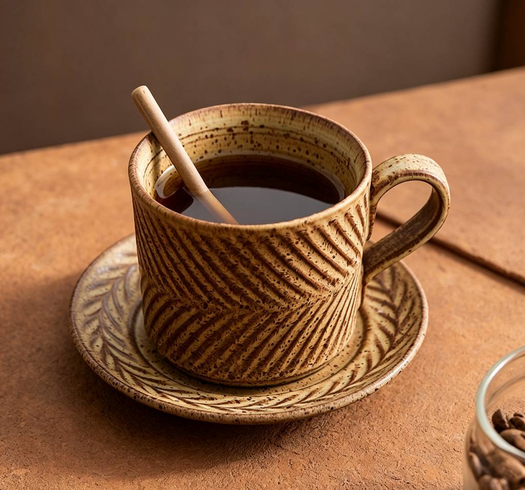 Retro Yellow Clay Speckled Embossed Tea Cup Set