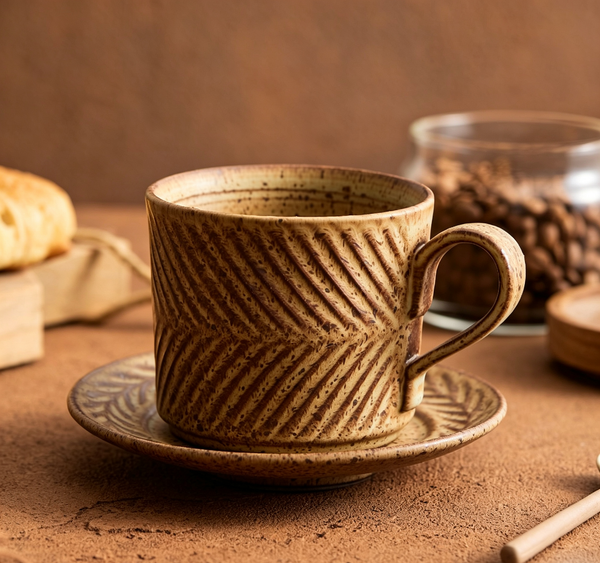 Retro Yellow Clay Speckled Embossed Tea Cup Set
