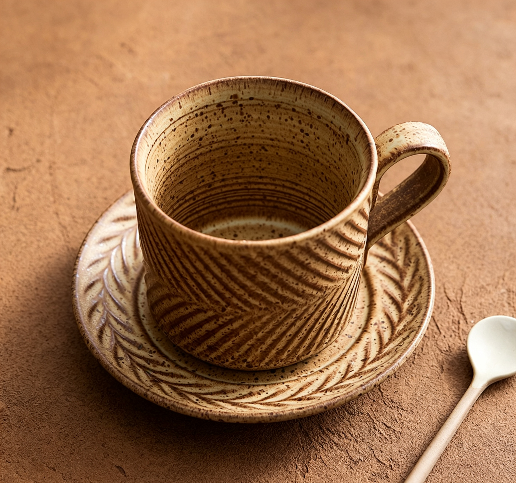 Retro Yellow Clay Speckled Embossed Tea Cup Set