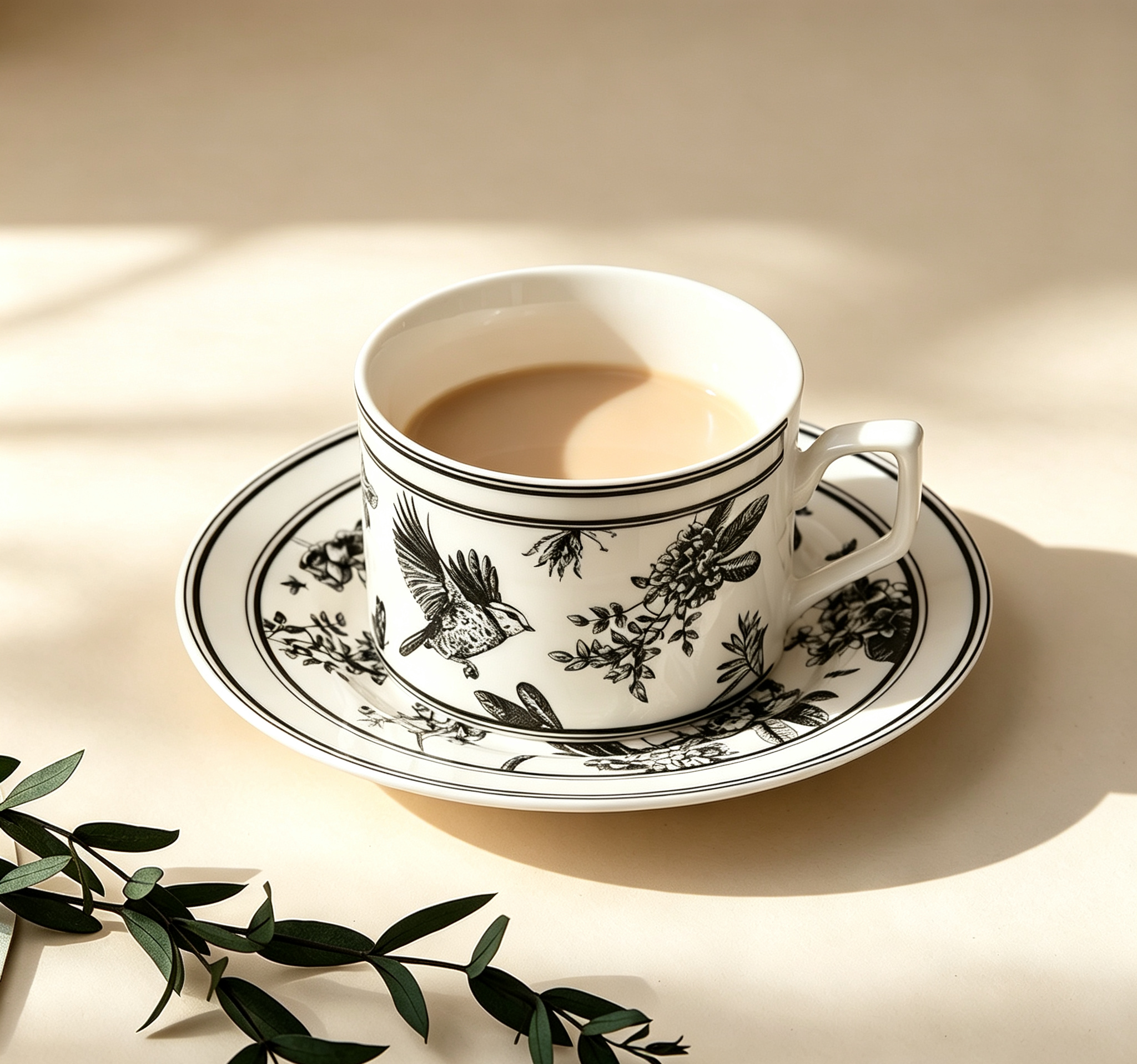 French Retro Black Bird & Floral Bone China Cup & Saucer Set