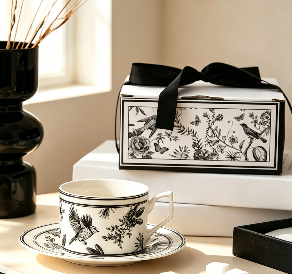 French Retro Black Bird & Floral Bone China Cup & Saucer Set